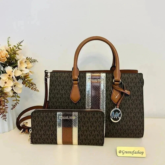 Michael Kors Purse & Wallet Sheila Medium Signature Logo and Metallic Satchel - Picture 1 of 12